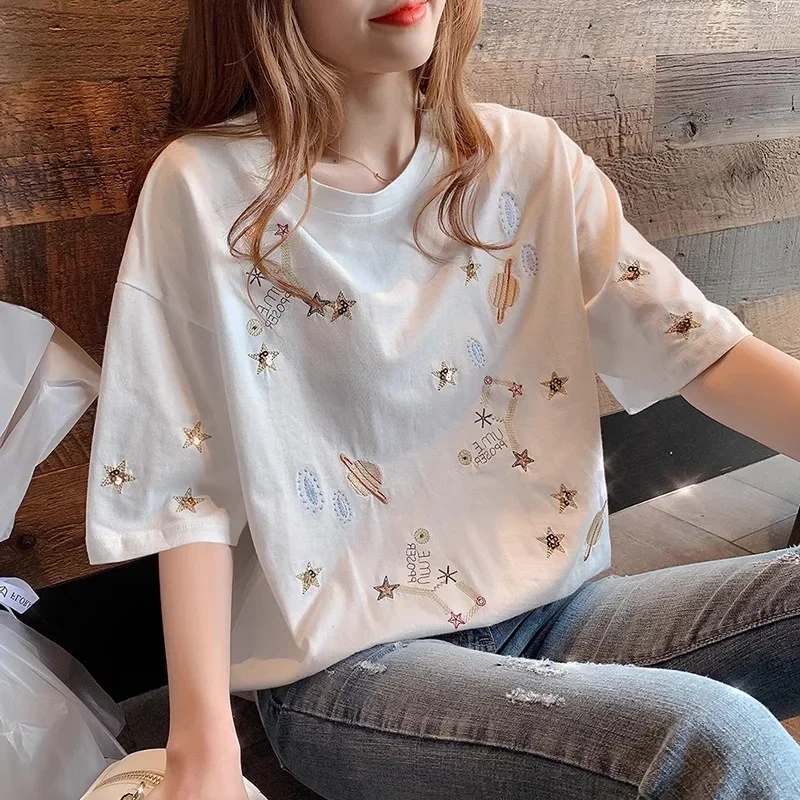 High Quality Embroidery Tees Women Loose Pure Cotton Kawaii T Shirts Summer Short Sleeve Loose White Y2K Tops Aesthetic Clothes