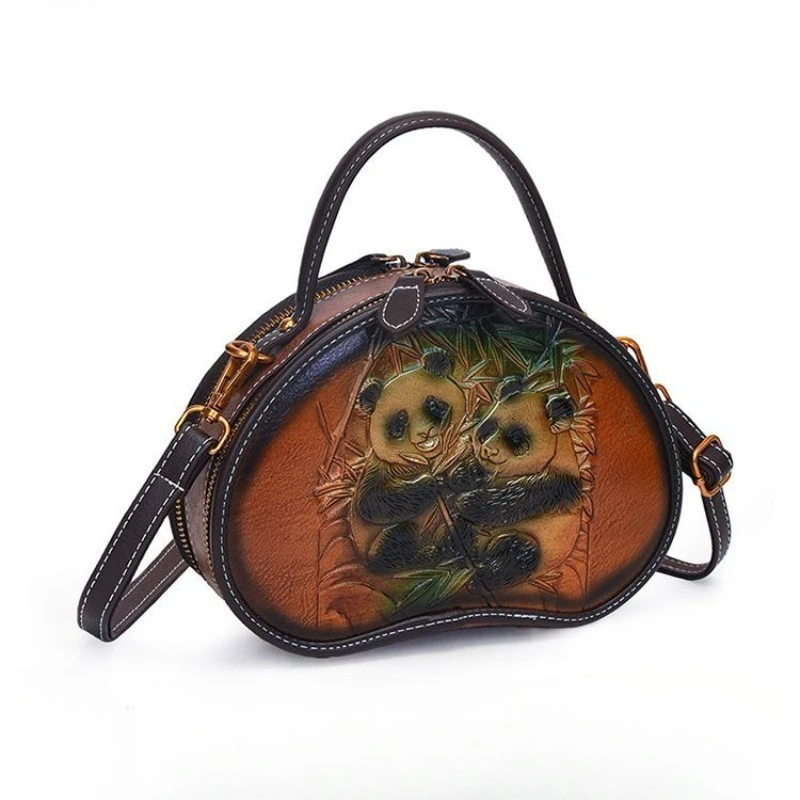 Light Luxury Retro Small Round Bag Women's Leather Texture 2026 New Shoulder Handbag Messenger Bag Leather Carving Panda Yang