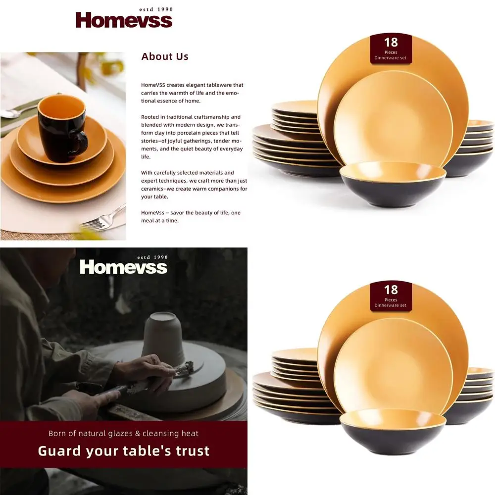 

Двухцветный обеденный набор из 18 предметов из керамогранита: черная внешняя поверхность с матовой внутренней поверхностью цвета карри.