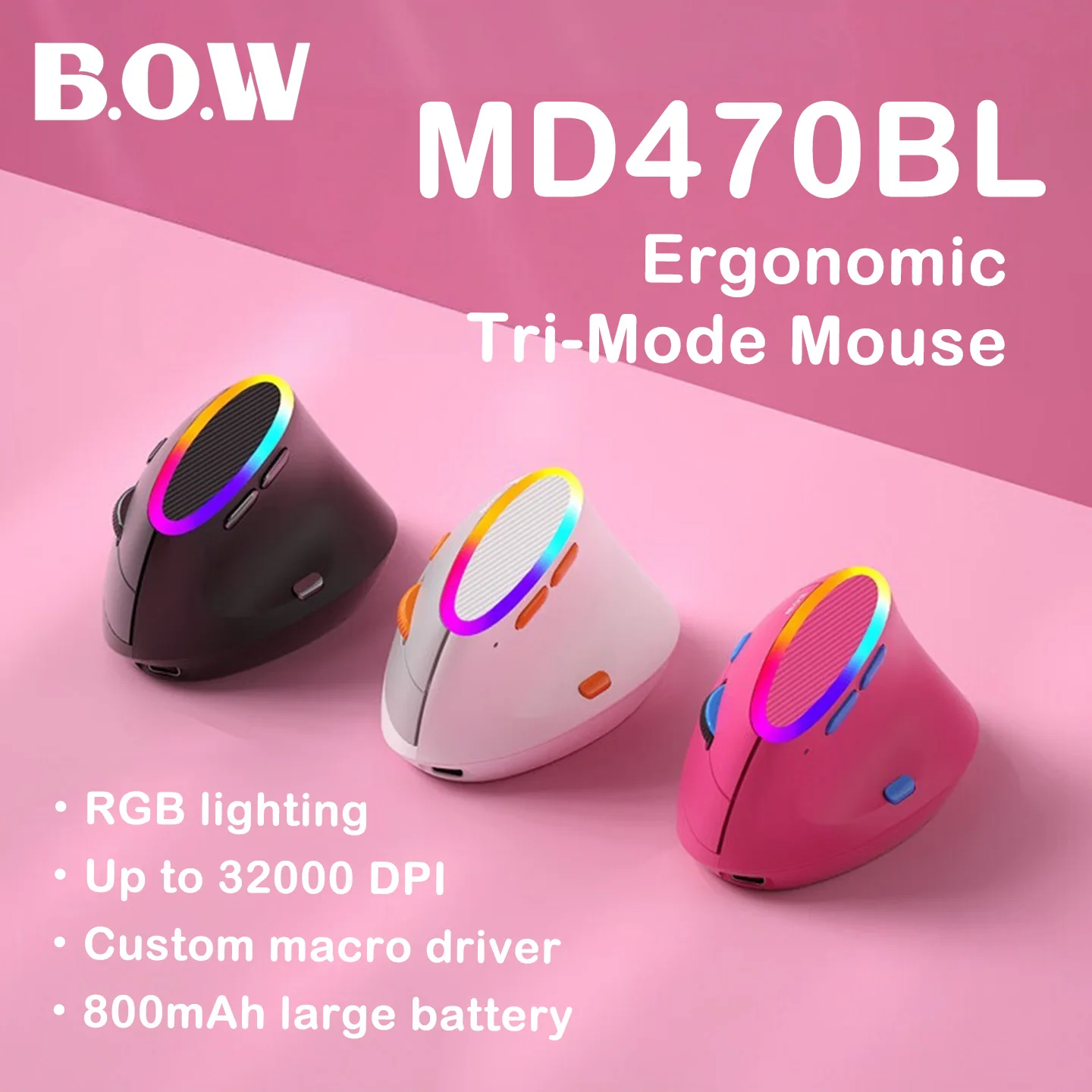 BOW MD470BL Rechargeable Tri-Mode Wireless Mouse Ergonomic 6 Gear Adjustable DPI Silent Click Mice For Office Laptop PC