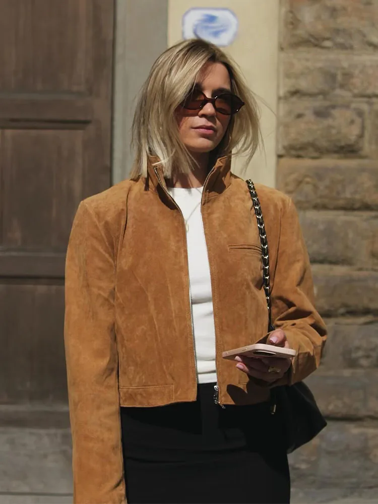 

HH Woman's New Fashion Slim Short Jackets Solid High Collar Long Sleeves Pocket Zipper Female Autumn High Street Coats