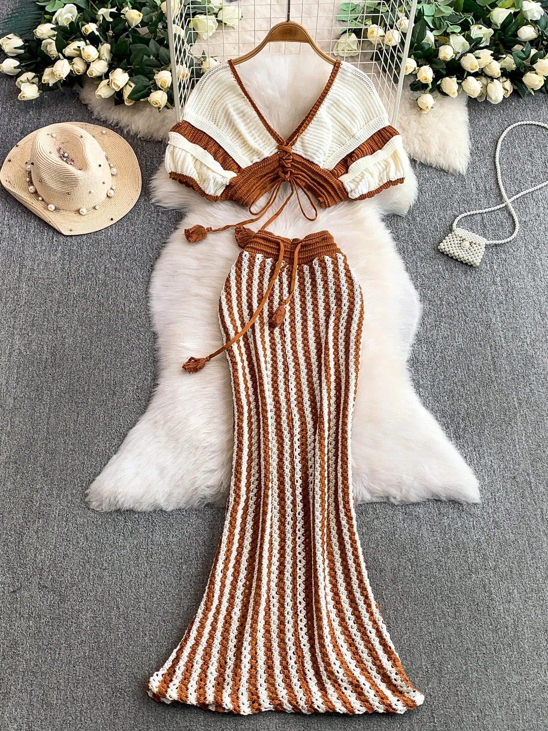 n Vaion Sle مثير V-Ne محبوك مع ذيل Fi طويل مجوف تصميم مكون من قطعتين مجموعة Ele ملابس غير رسمية للتاريخ #3