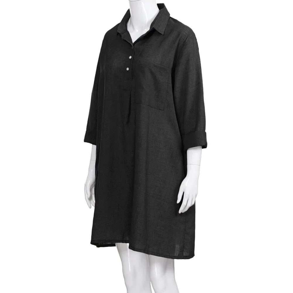 Women's Cotton Linen 3/4 Sleeve Shirt Dress Plus Size Sundress Loose Plain Swing Dress In Khaki Green Grey And Black