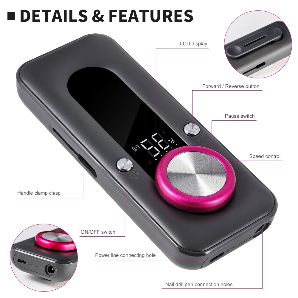 充電式ネイルアートドリル,LCDスクリーン付き,低ノイズ,マニキュアファイル,ジェルポリッシュ,サロンツールに適しています,35000rpm