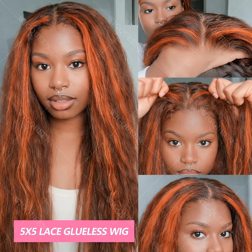 

Melt Skins Kinky Straight Bob Wig Brazilian Ombre Brown Piano Color Glueless 13x4 Lace Wig Yaki Straight HighLight 5x5 Lace Wig
