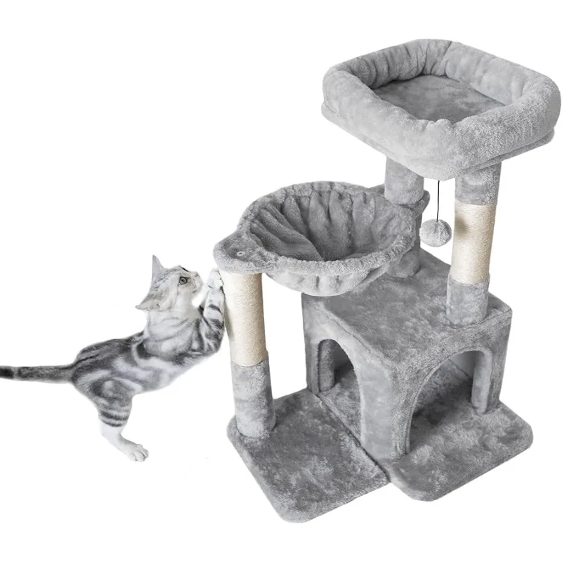 

Pesofer Cat Tree, Small Cat Tower with Sisal Scratching Post and Hammock Light Gray