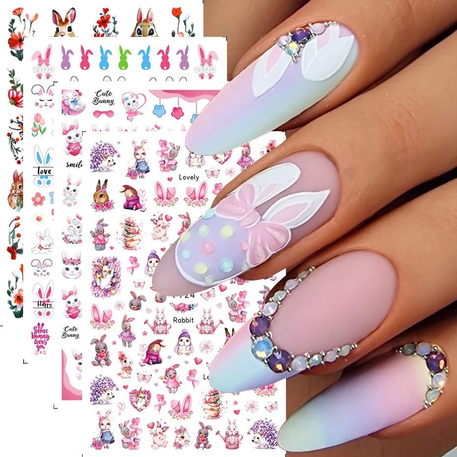 2/4 Stück 3D Cartoon Osterhasen-Nagelaufkleber, süße Graffiti-Osterhasenohren, Blumen, selbstklebende Nagelcharms, Folien-Accessoires