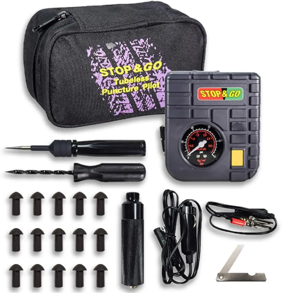 

24-Piece Tubeless Tire Repair Kit with Air Compressor for Motorcycles, ATVs & More - 15 Plugs Included