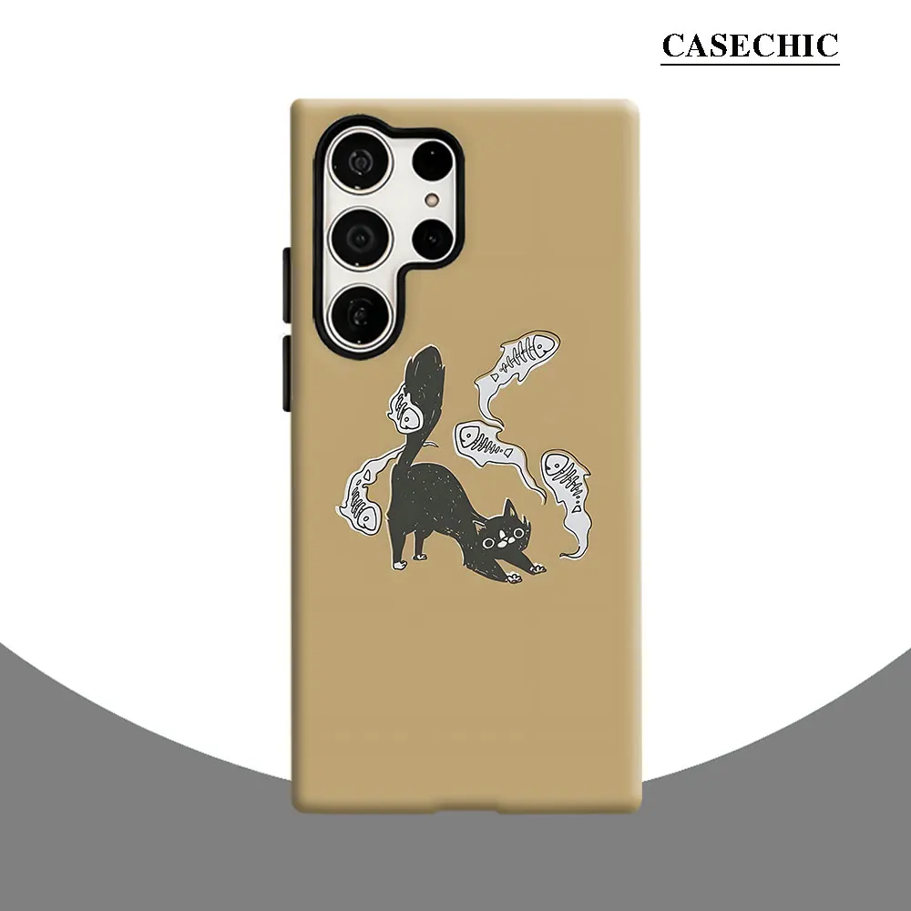 Black Cat Fishbone Phone Case for Samsung Galaxy S26 S25 Ultra S24 S23 Ultra Plus Shockproof Double layer tough Back Cover