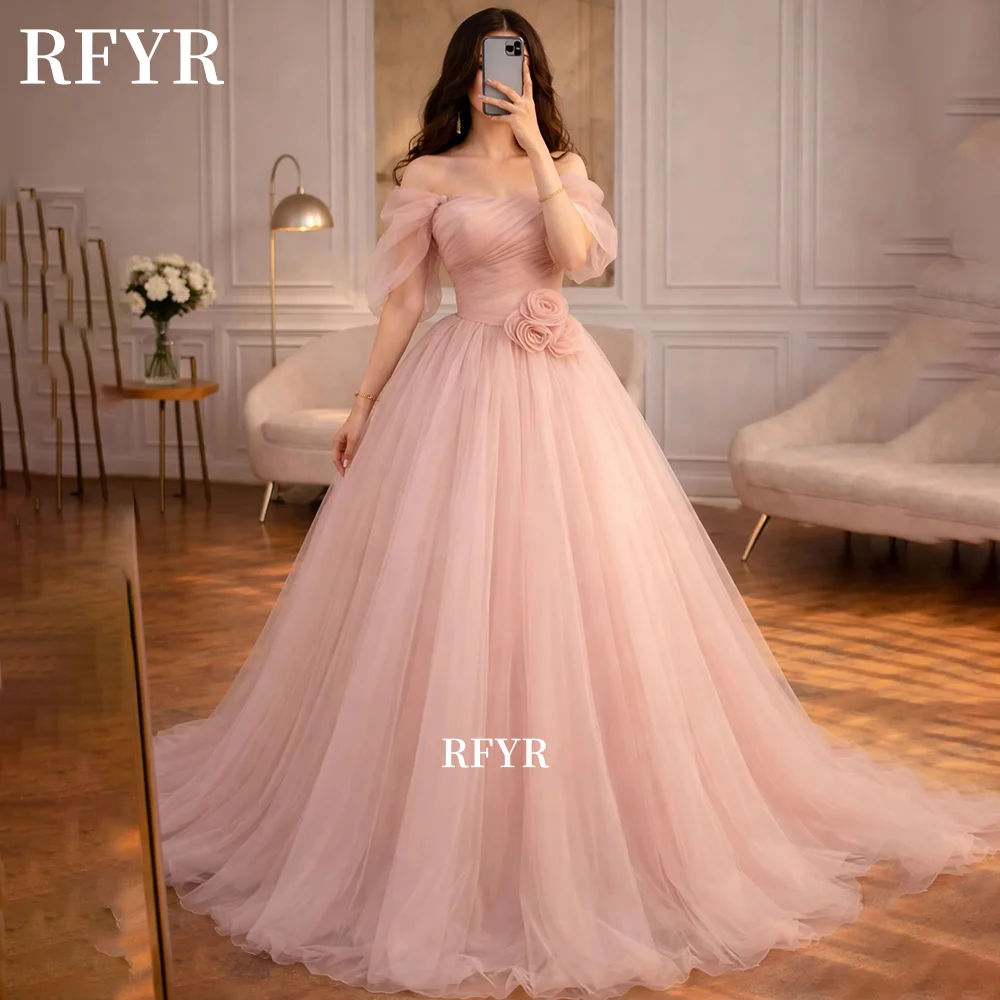

RFYR Off Shoulder Evening Dress with 3D Flowers Prom Dress Fluffy Princess Gown فساتين مناسبة رسمي Customized