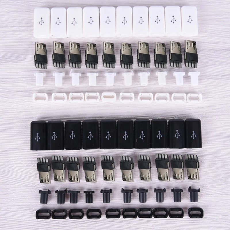 10pcs/ Sets 4 in 1 DIY Micro USB Welding Type Male 4 Pin Plug Connector w/Plastic Cover white/black