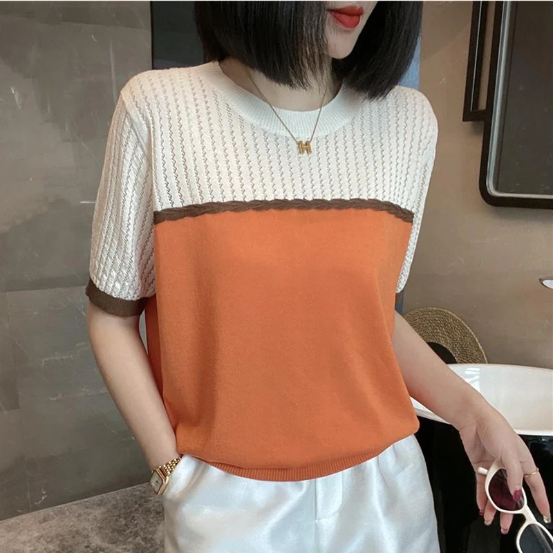 

Camisetas Mujer 2023 Summer T Shirt for Women Hollow Out Patchwork Knitted Top Female Casual Tshirt Short Sleeve Tee Shirt Femme