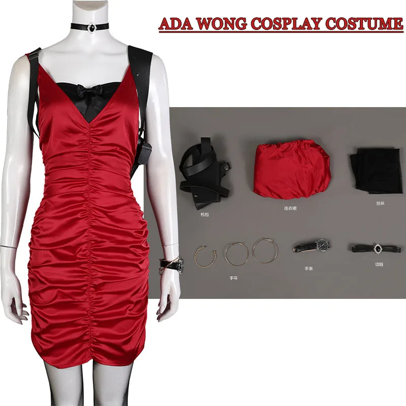 

Ada Wong Cosplay Costume Sexy Slip Dresses Gun Bag Necklace Suits Women Red Dress Halloween Carnival Outfits Party Ball Gown