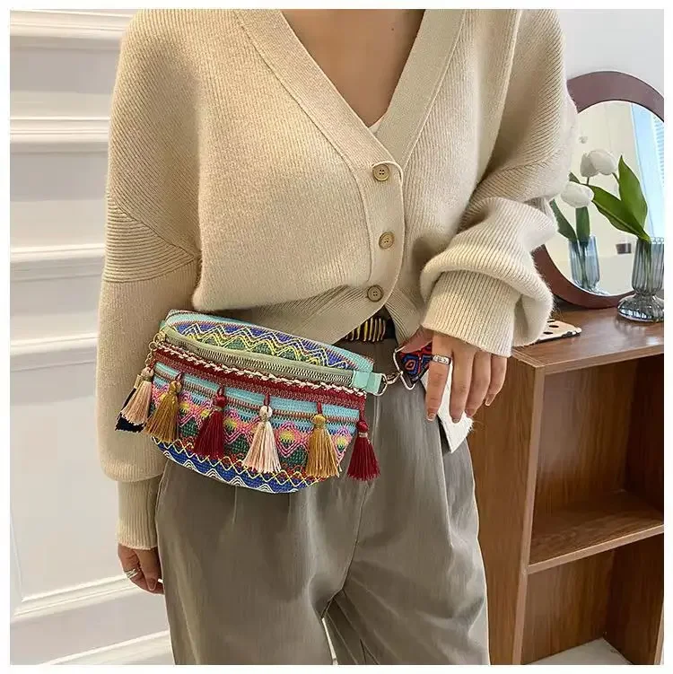 Women Folk Style Waist Bags with Adjustable Strap Variegated Color Fanny Pack with Fringe Decor Crossbody Chest Bags