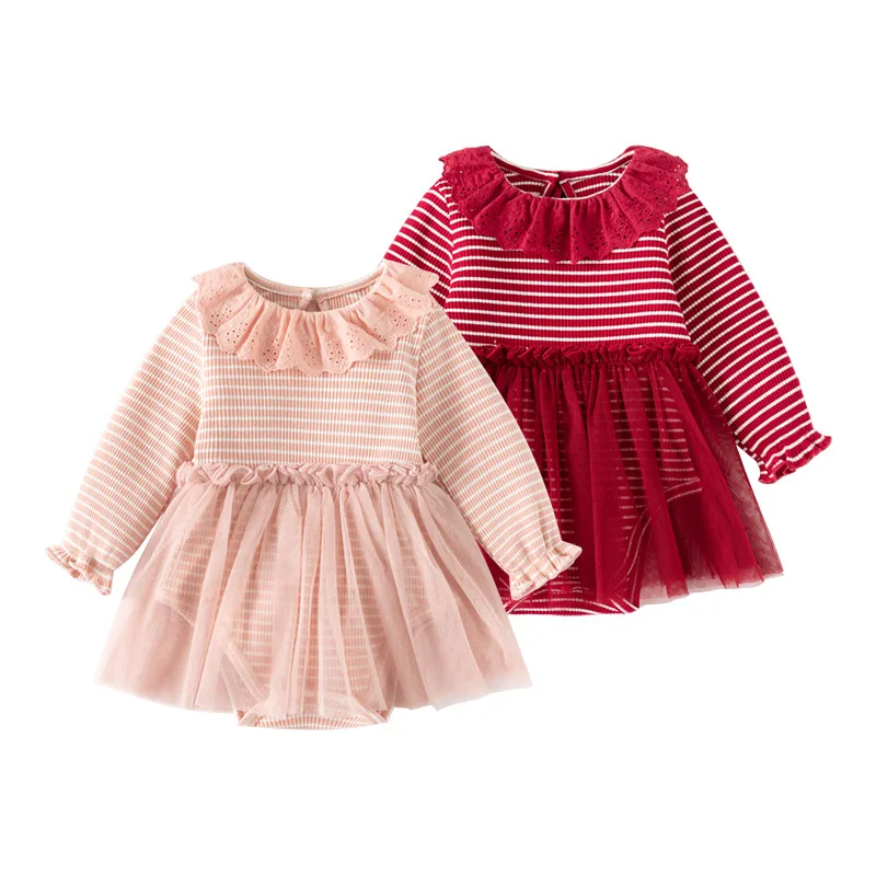 

2026 весенние комбинезоны для новорожденных девочек, полосатые комбинезоны с рюшами и воротником для маленьких девочек, сетчатые детские боди для маленьких девочек, комбинезон для маленьких девочек
