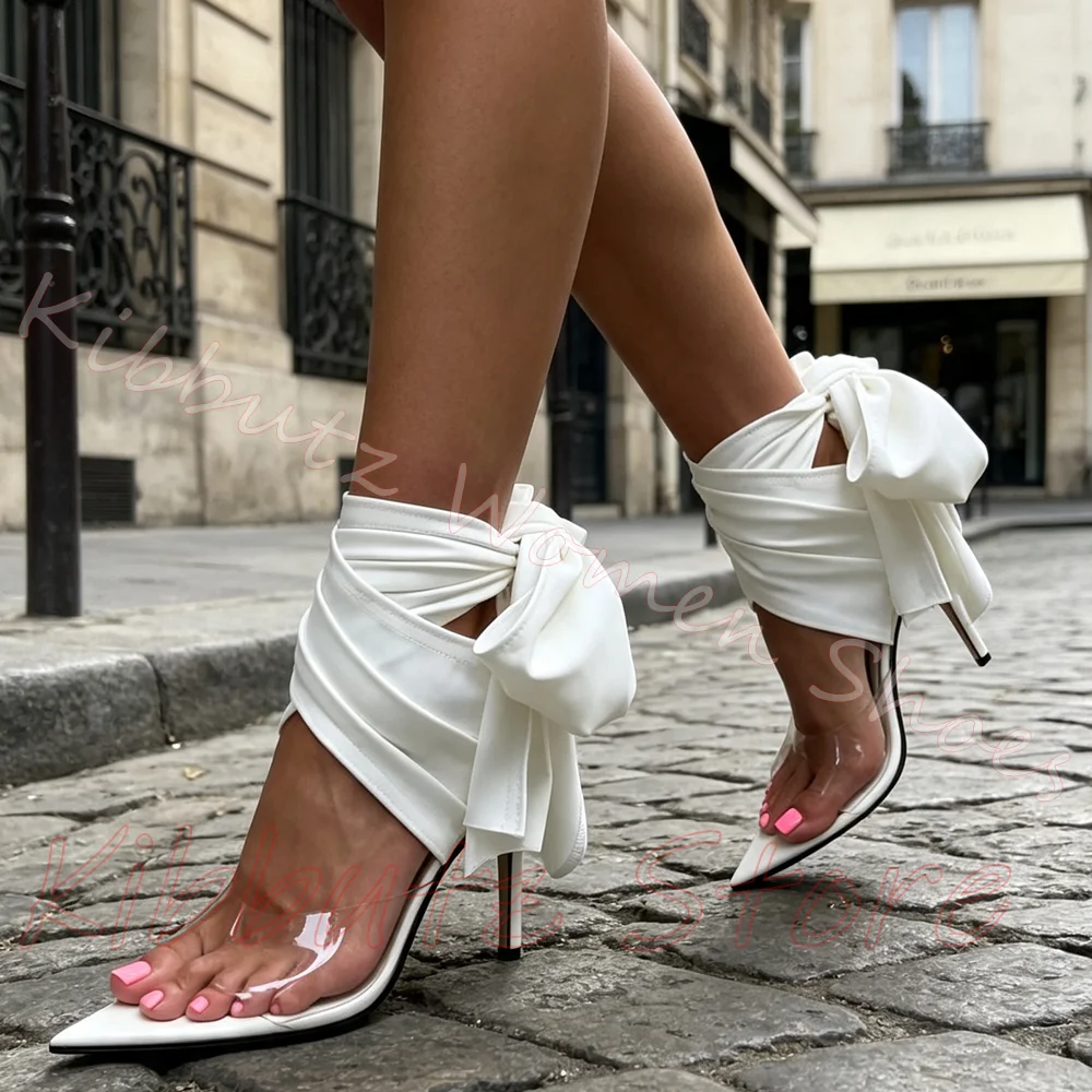 Ankle Wrap Sandal Transparent Pvc Stiletto Heel Pointed Toe Satin Leather Nightclub Evening Party Y2K Women Footwear Solid Color