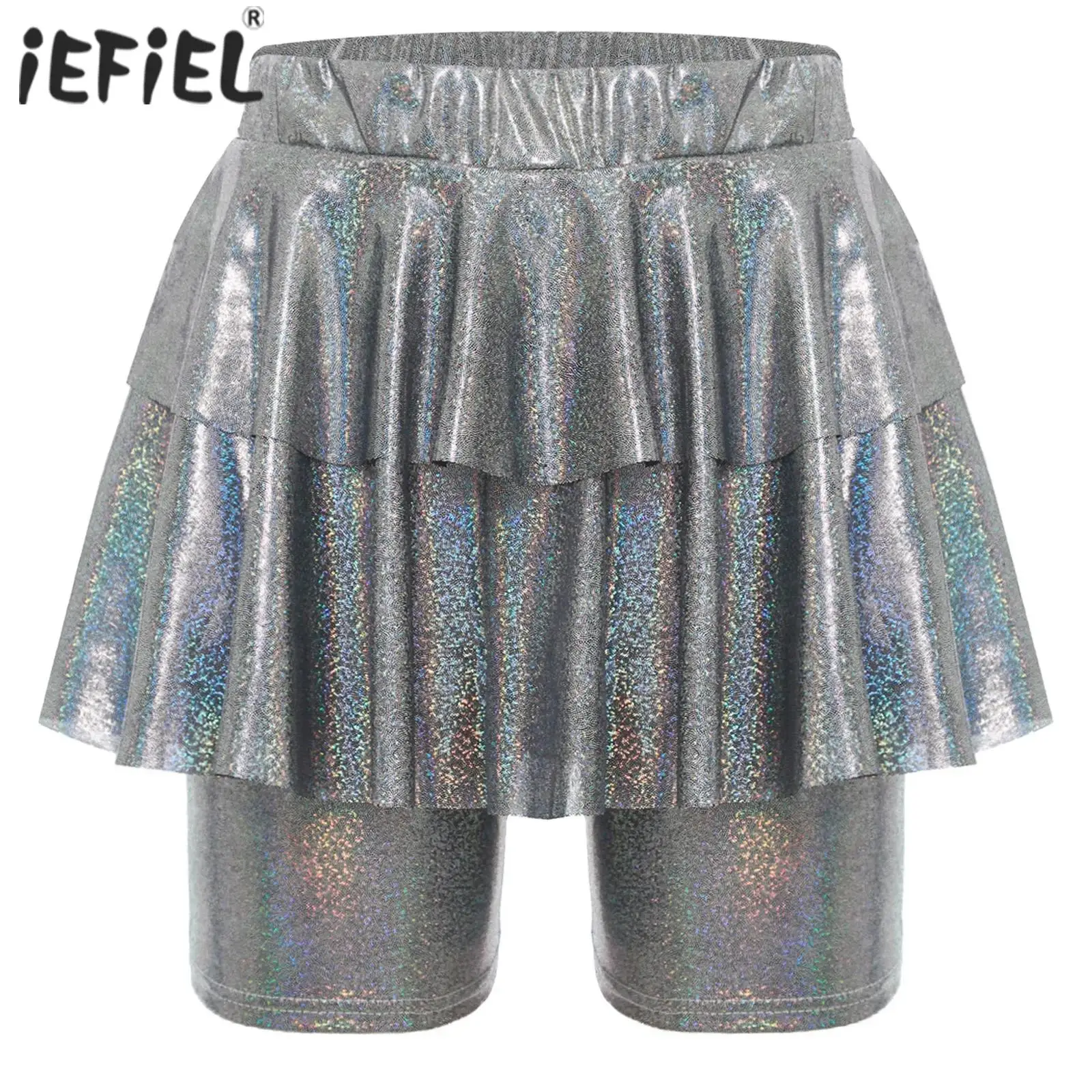

Womens Metallic Shiny Ruffled Short Culottes for Pole Dancing High Waist Tiered Scooter Skater Skirted Shorts Rave Bar Clubwear