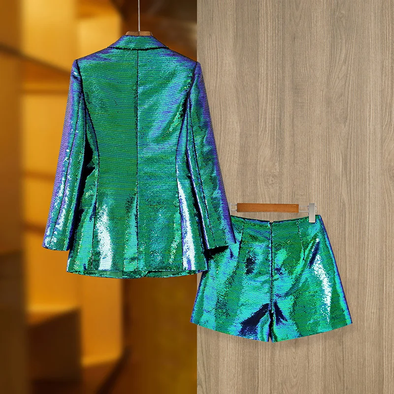 Dark Green Sequins Blazer Shorts Suits 2 Piece Sets Fashion Personality BLING BLING Shiny Bright Party Shorts Suit Women Outfits