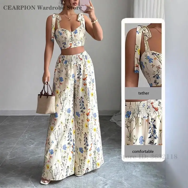 

Women's Sleeveless Stylish and Comfortable for Casual Wear Floral Print Crop Top & High Waist Wide Leg Pants Set Tether Straps