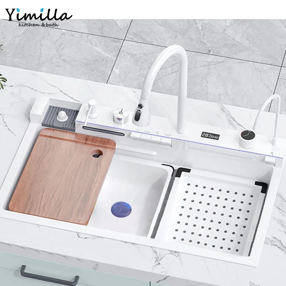 High Tech Stainless Steel Sink Single Bowl White Kitchen Sink Digital Waterfall Faucet Single Bowl Smart Kitchen Sink