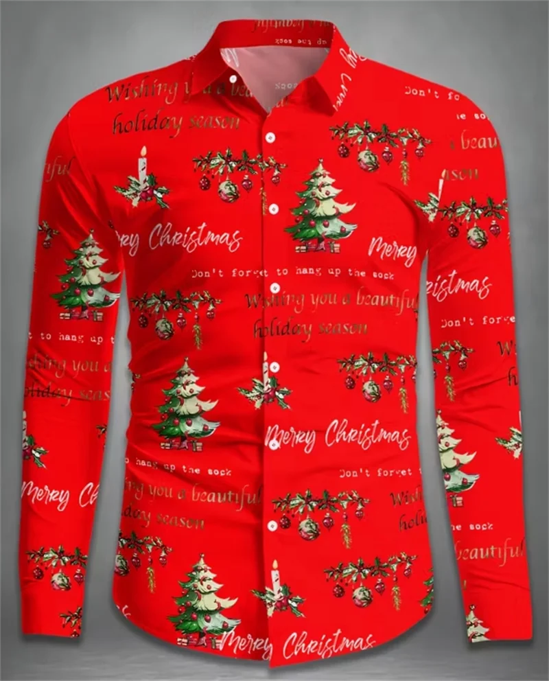 

Christmas men's long sleeved shirt with color block pattern 3D printed long sleeved fashionable casual clothing top