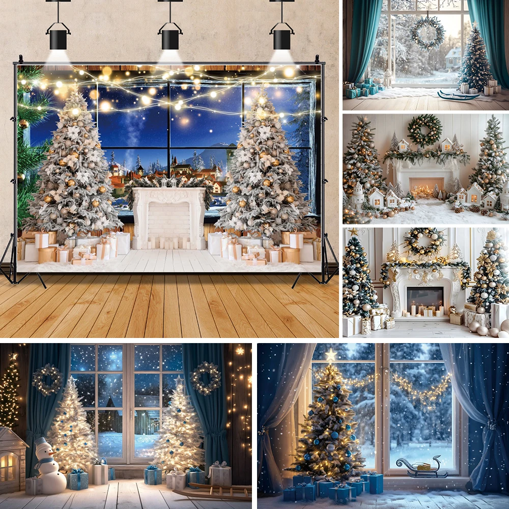 Christmas Night Flash String Photography Background Winter Window Christmas Tree Snowman Party Decor Backdrop  Photo Booth Props