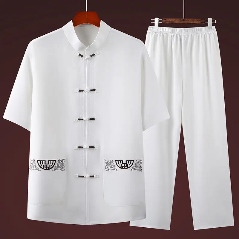 Tang Suit Summer Breathable Chinese Style Retro Shirt Pants Short Sleeve Hand Button Embroidery Oriental Traditional Clothing