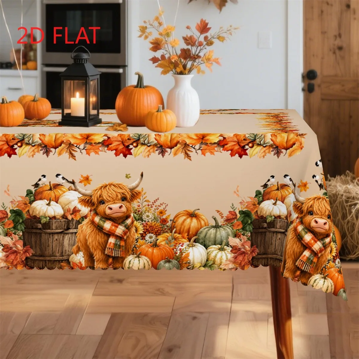 Tablecloth 1 piece 2d flat with checkered scarf, highland cow wooden barrel, pumpkin, autumn leaves, birdszyc