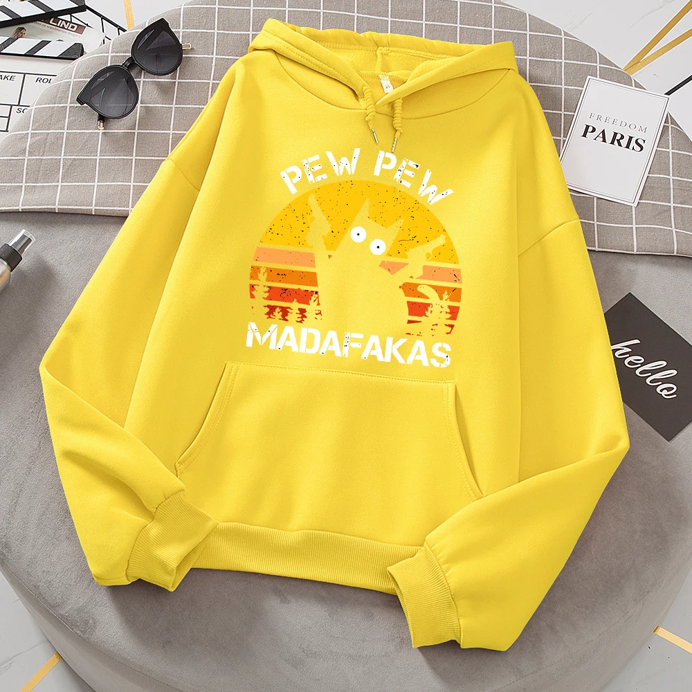 Pew Pew Madafakas Cat With Two Guns Hoodies Women Casual Fashion All Match Hoody Fleece Warm New Pullovers Harajuku Trend Hooded