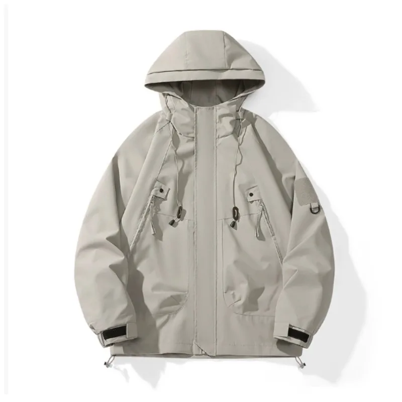 

Men Hooded Jacket Zipper Coat Cargo Waterproof Black Bomber Camping Loose Thin Softshell Hooded Hiking Jacket