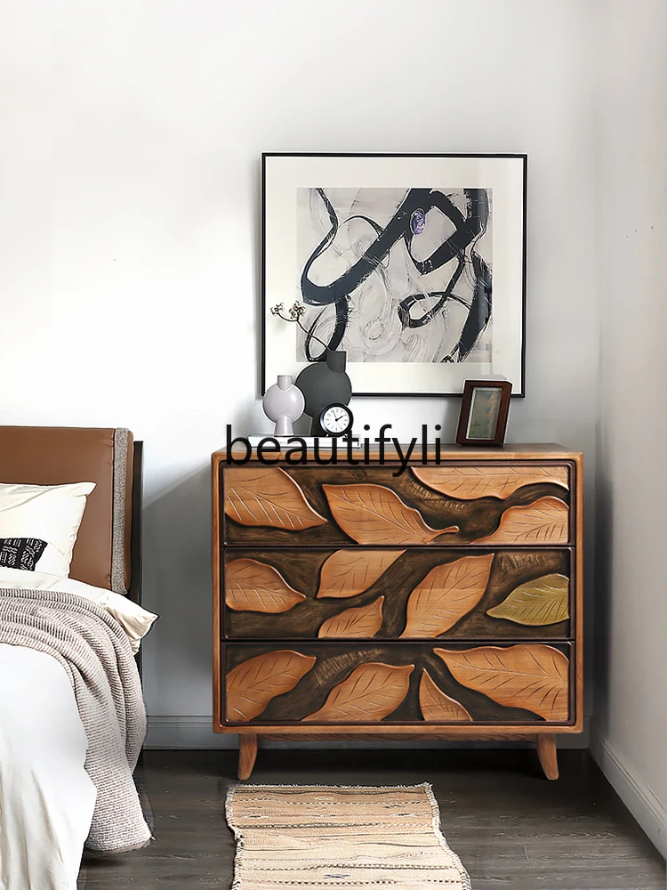 Log wind retro art chest three drawers bedside table ash wood relief maple leaf locker