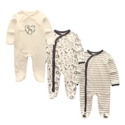 Kiddiezoom 3 Pcs/Lot Autumn Winter Unisex Animal Print Long Sleeve 100%Cotton Baby Boy Girl Rompers Casual Newborn Clothing