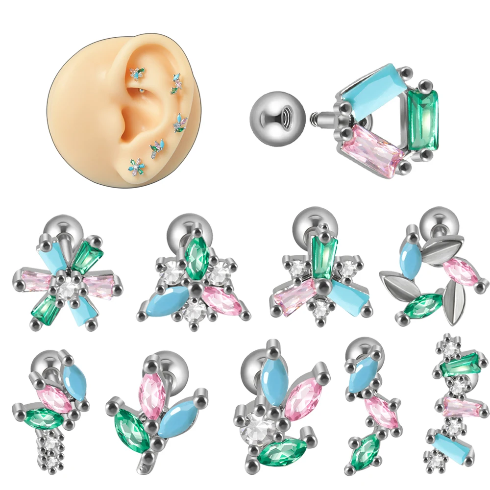 1PC Surgical Steel Blue Turquoise Marquise Cz Ear Cartilage Tragus Helix For Women Earring Daith Lobe Screw Piercing Jewelry