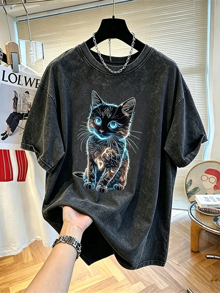 レトロアメリカンウォッシュ加工日焼け止め半袖tシャツ夏ルーズラウンドネック猫プリントユニセックスおしゃれコットン-トップス