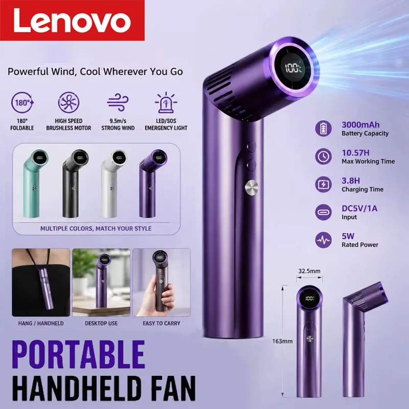 Ventilador portátil dobrável Lenovo com motor sem escova, mini ventilador recarregável USB com 199 configurações de velocidade e display LED, ventilador pequeno.