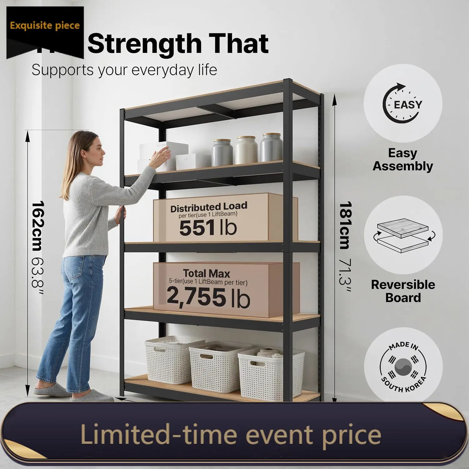 

House 48.1" W 5 Tier Heavy Duty Garage Shelving Adjustable Metal Rack Storage Shelves Standing Shelf Unit Organizers Industrial