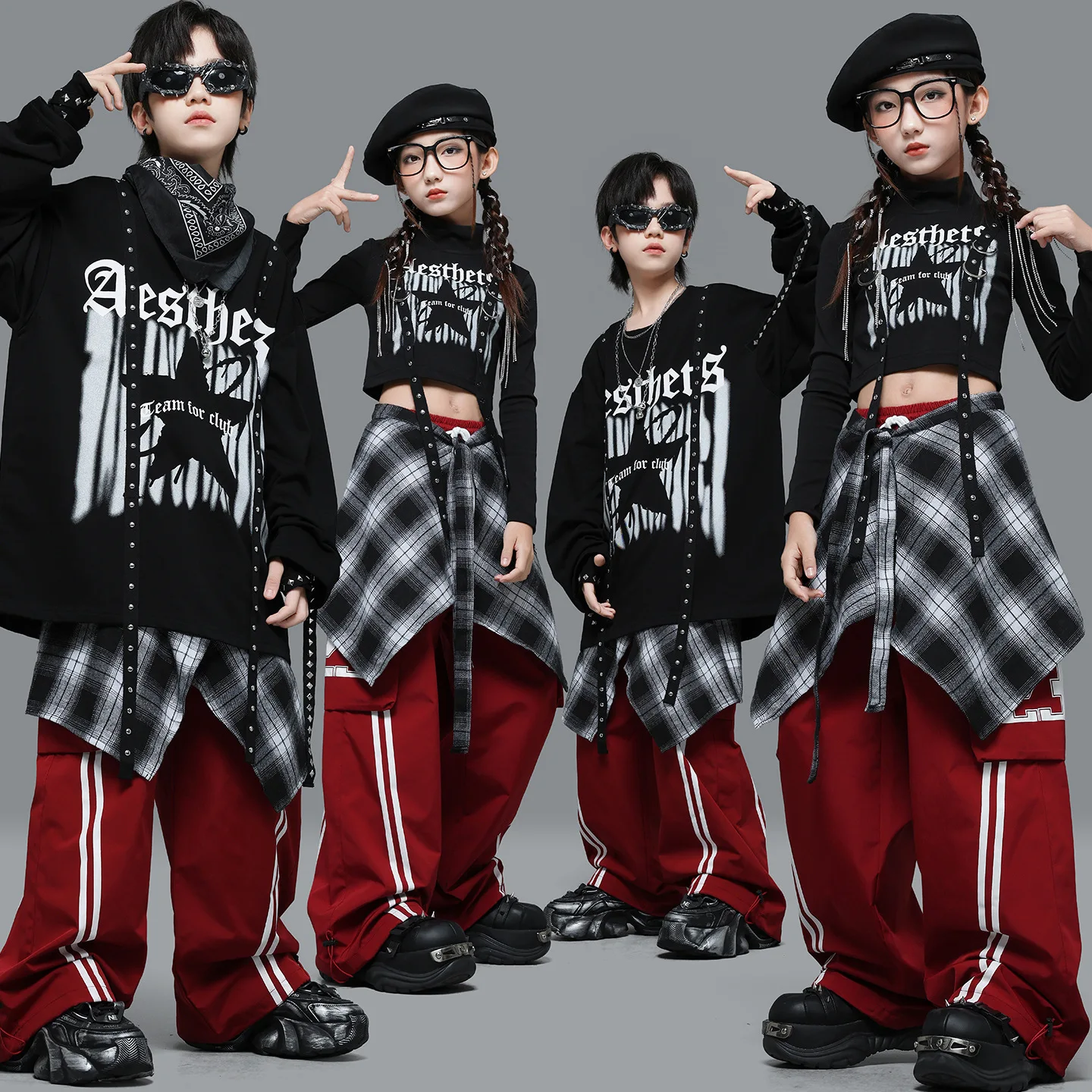 

Kid Hip Hop Clothing Black Rivet Strap Crop Sweatshirt Red Casual Striped Cargo Pants for Girl Boy Dance Wear Costumes Clothes