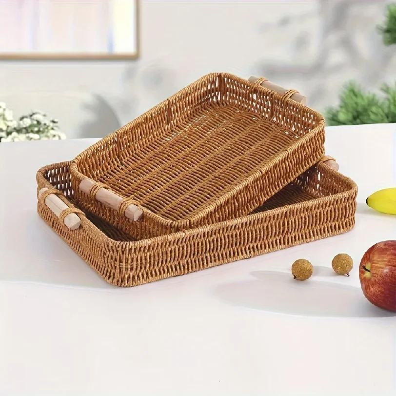 

2Pcs Rattan-like Woven Basket Set Rectangular Double Ear Tray Heat Resistant Fruit Snack Storage Ramadan Decor Living Room Home