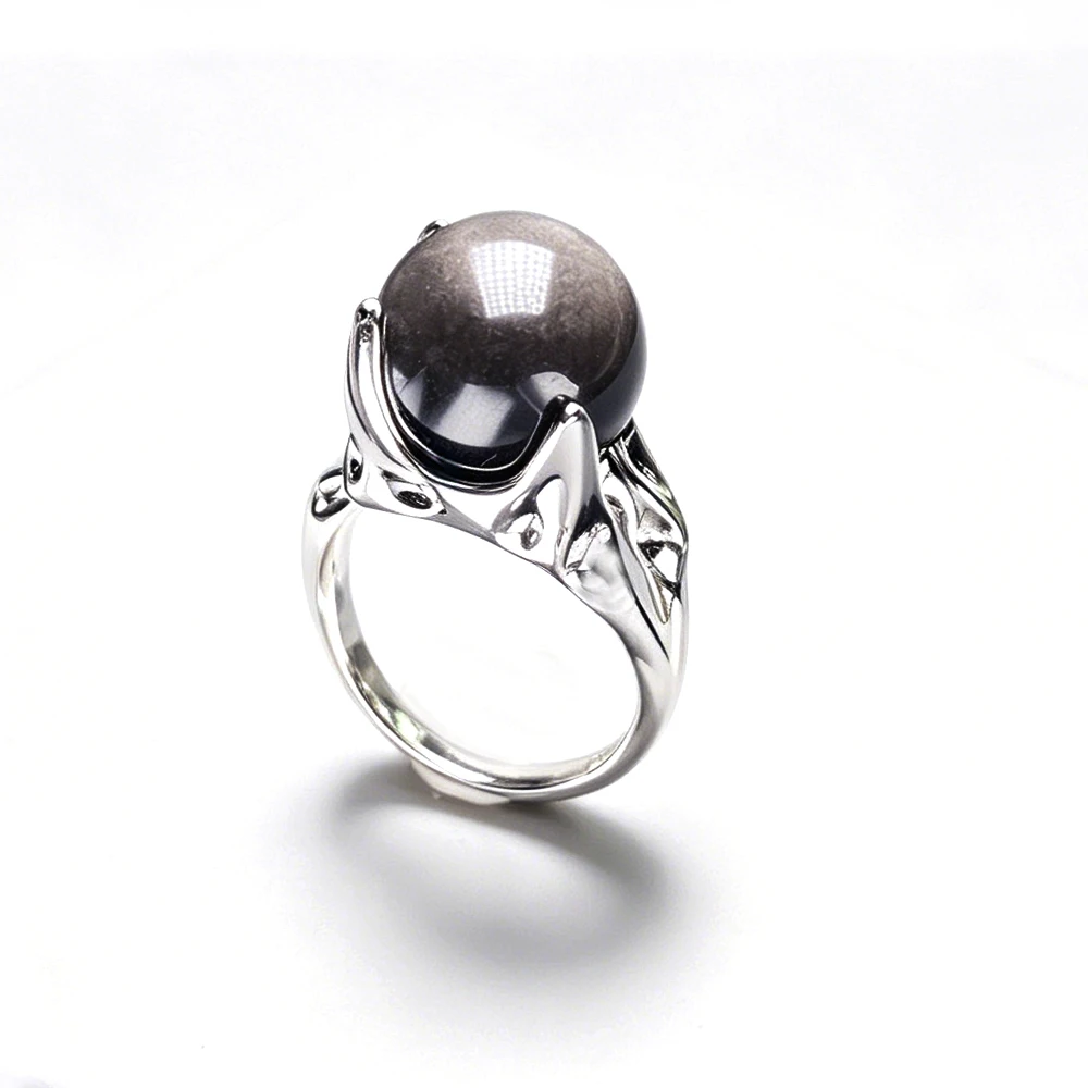 

New Design Natural Obsidian Adjustable Rings Cat Eye Gemstone Beads 12mm for Women Lady Wedding Engagment Party Jewelry Gift
