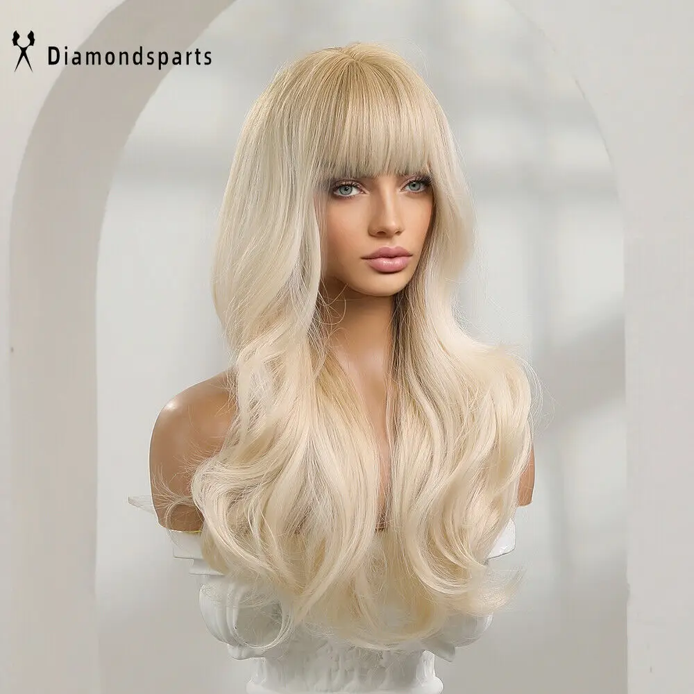 Women Fanshion Wig Long Wavy Platinum Blonde Hair Wigs with Bangs Daily Use US