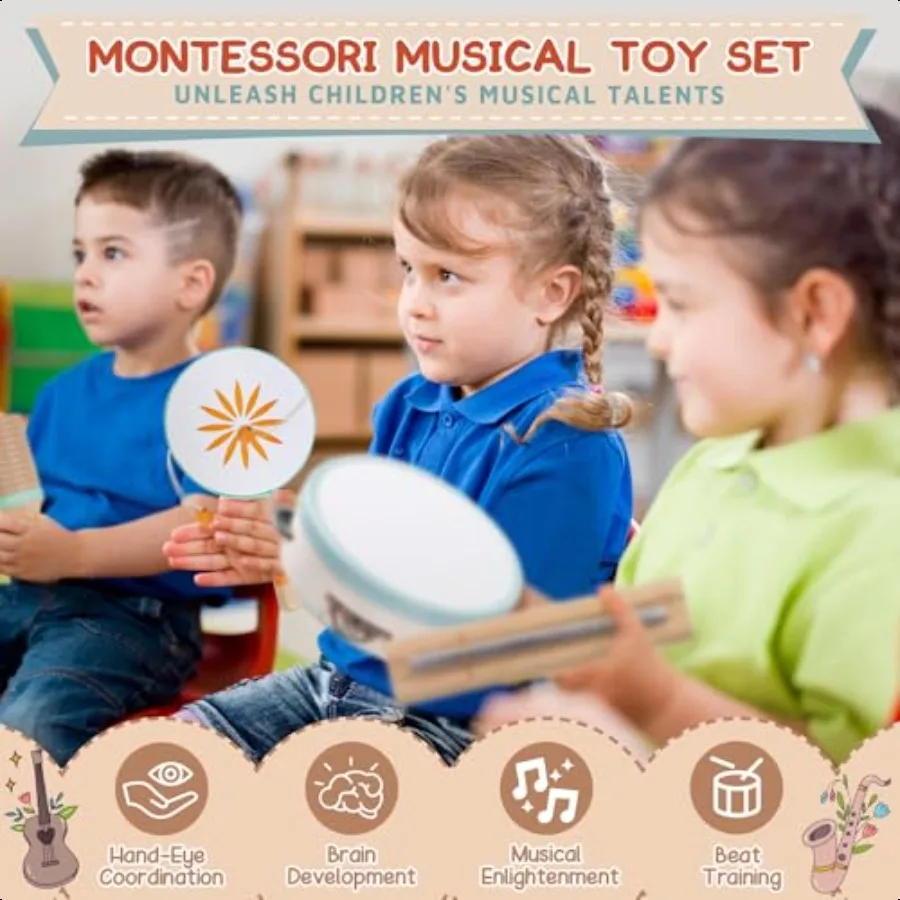 Baby Musical Instruments Montori Musical Toys for Toddlers 13 Wooden Percussion Instruments Set Neutral Colors Modern Boho Musi