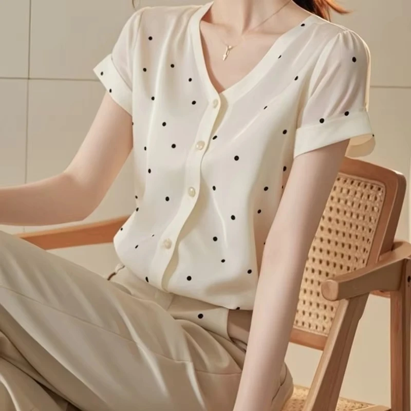 

Polka-dot Short-sleeved Chiffon Shirt for Women with Niche Design for Summer, Unique and Beautiful Shirt, Stunning Top