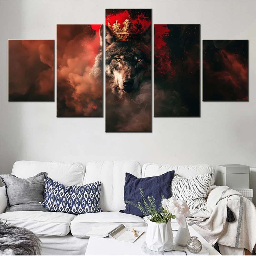 

5 Pieces Canvas Wall Arts Home Decor Animals Picture Wolf Crown Wallpaper Interior Poster Painting Artwork For Living Room Mural