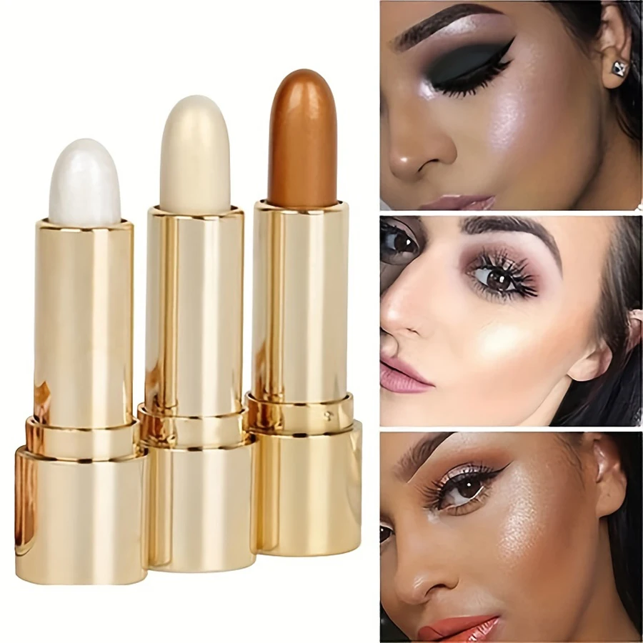 3D Highlighting & Contouring Stick, Side Shadow Face Concealer Stick,Eye Brightening Swivel Stick, Small Golden Tube Pearly Glit