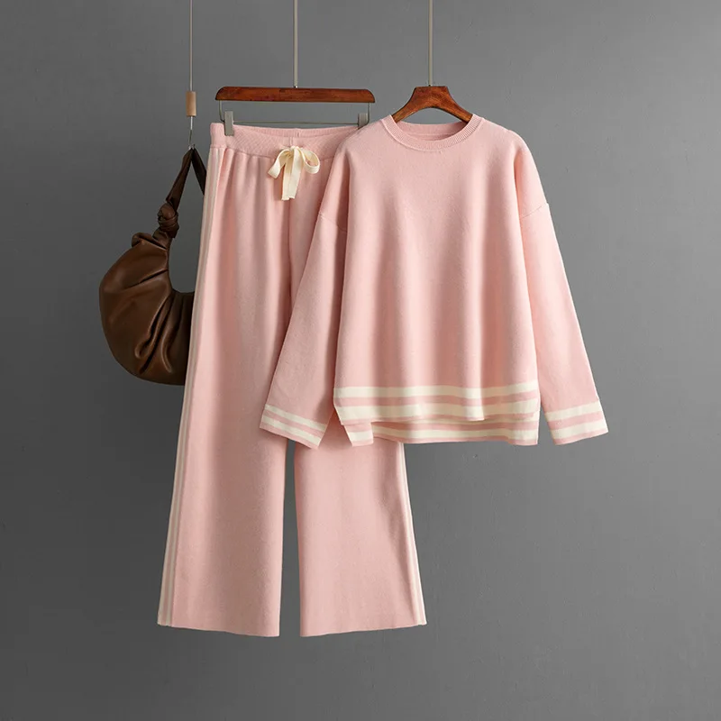 بدلة على الموضة ملابس النساء خريف شتاء جديد متماسكة س الرقبة فضفاضة البلوز سترة واسعة الساق السراويل قطعتين مجموعات ملابس نسائية