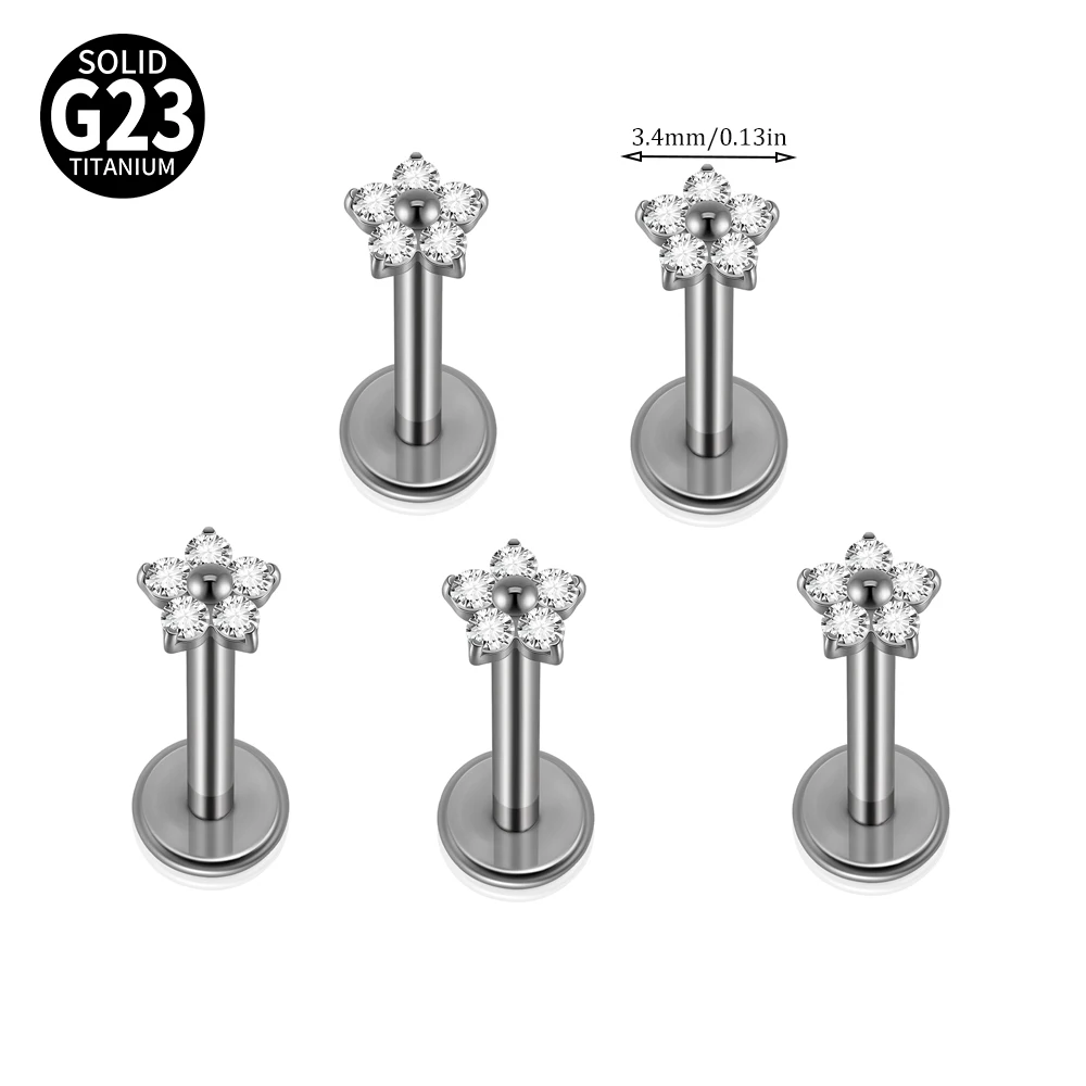 1/5PCS F-136 Implantat Titan Verschiedene Größe Blume Zirkonia Labret 16G Innengewinde Knorpel Helix Lappen Ohrring Piercing – Detail 7