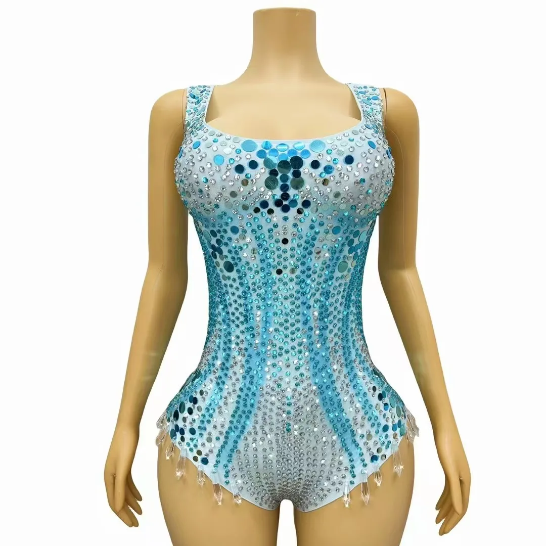 Sexy Shining Perform Costume Luxury Rhinestones Sequins Crystal Pendants Leotard Party Dancer Singer Stage Photoshoot Bodysuit