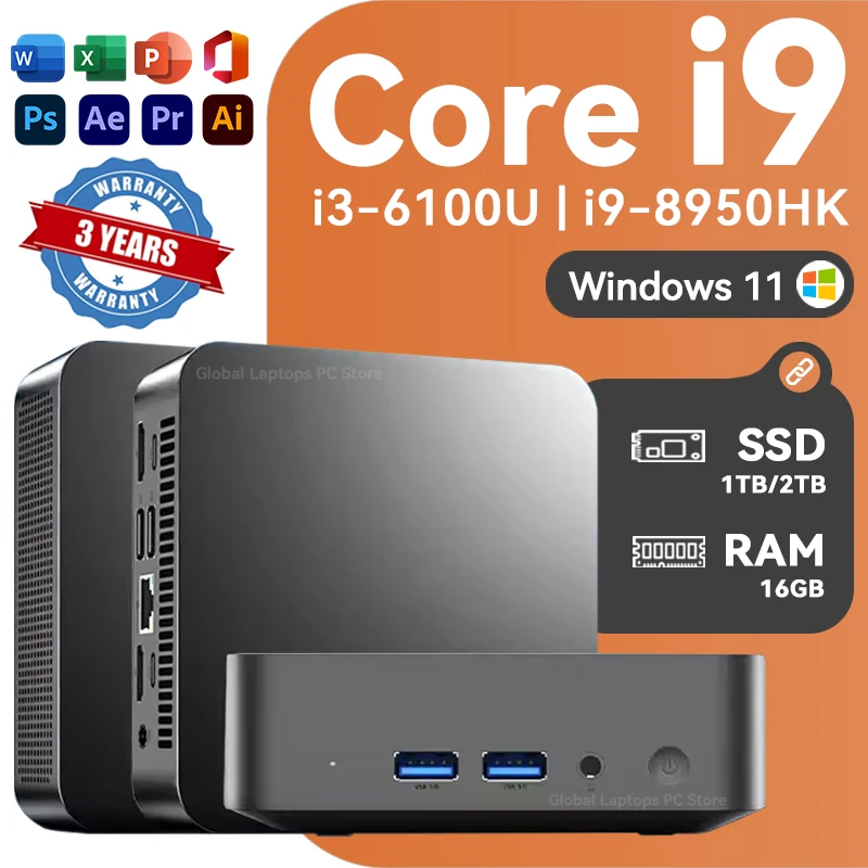 

Портативный мини-игровой ПК Intel Core i9 8950HK 6100U с Windows 11, 16 ГБ ОЗУ, 1 ТБ M.2 SSD, WiFi6, BT5.2, 4K, игровой настольный ПК