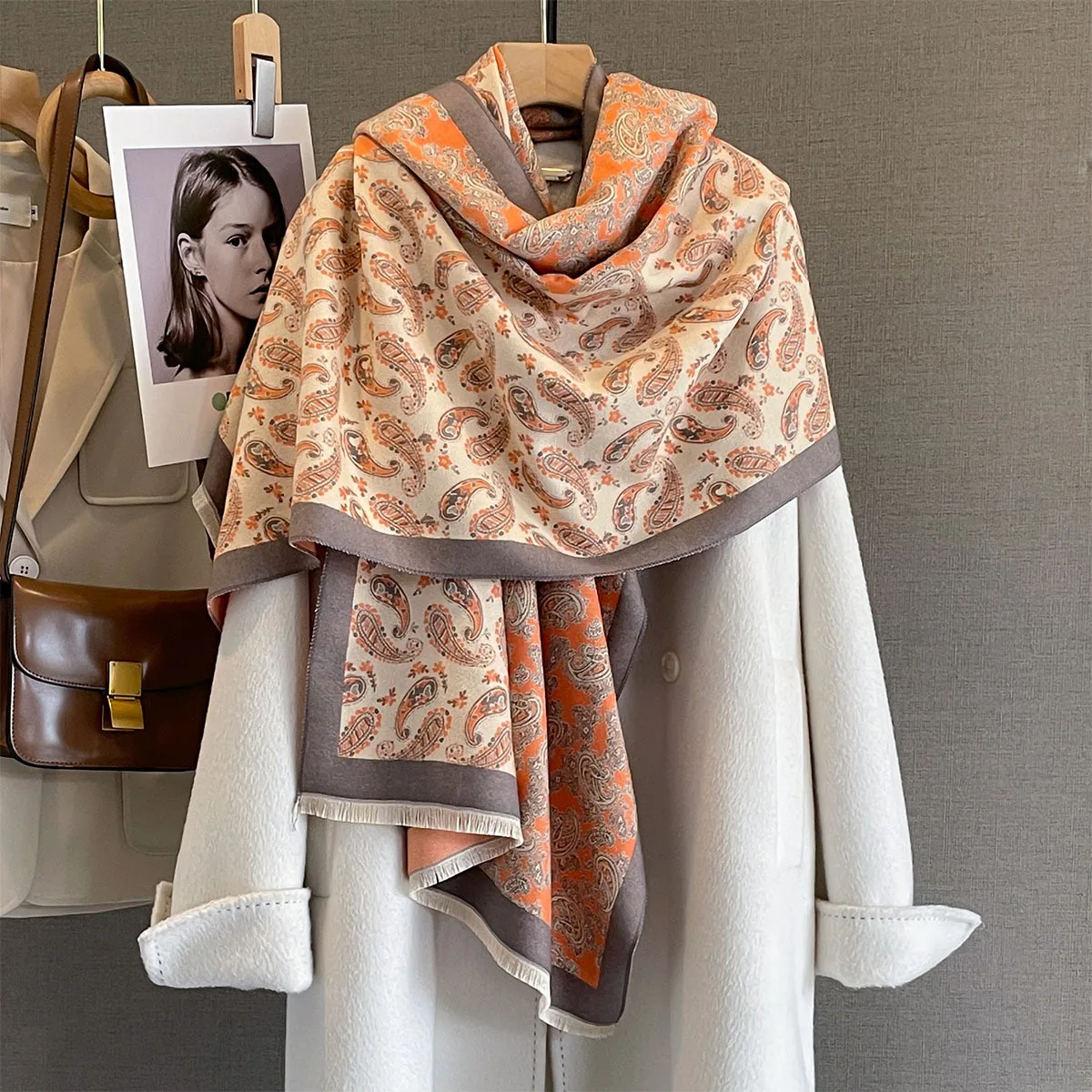 Women Faux Cashmere Scarf Autumn Winter Thick Warm Orange Beige Paisley Print Shawl Wrap Soft Dual Purpose Large Blanket Scarf