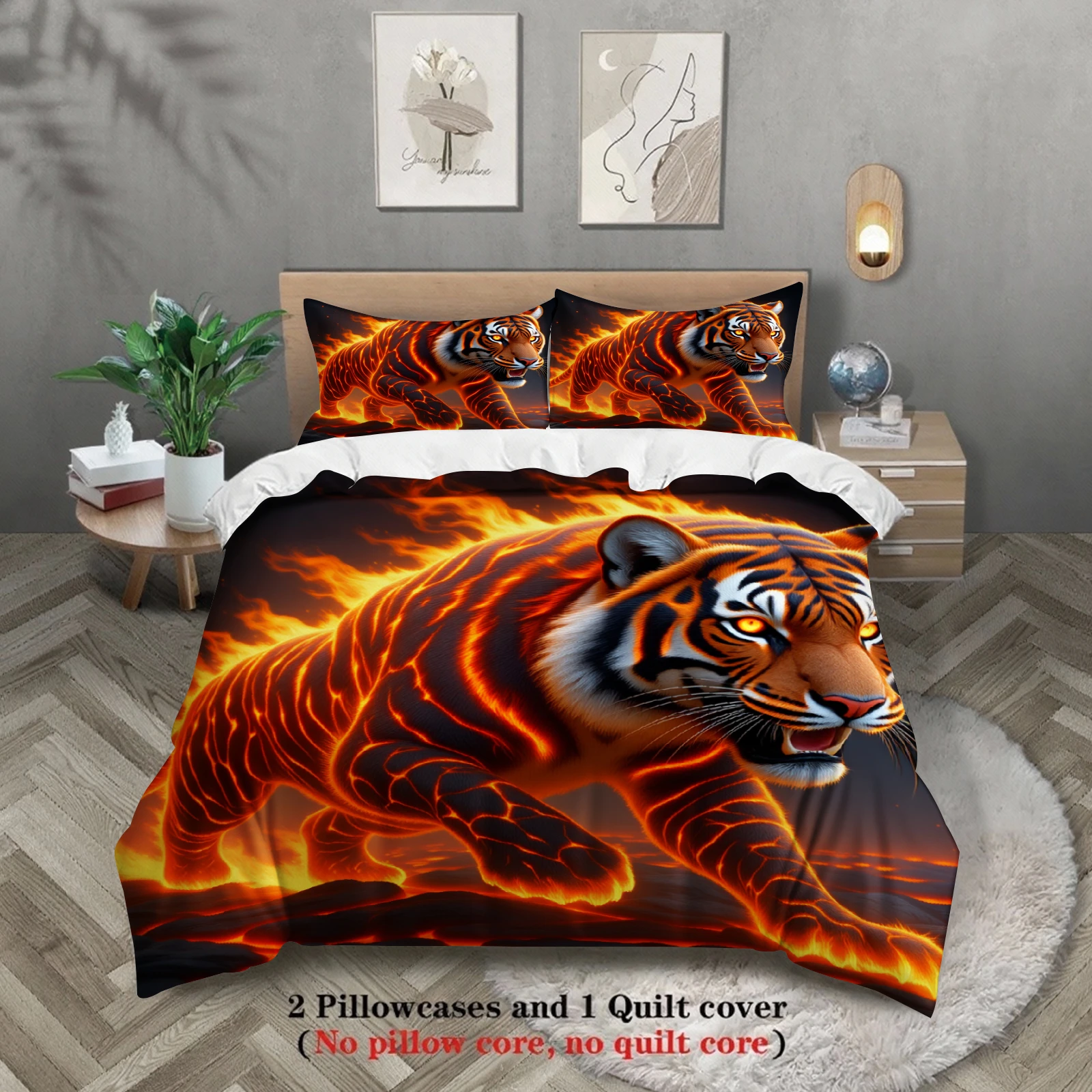 

3pcs Tiger Bedding Sets 3D Printed Fire Tiger Wrinkle Resistant Breathable Duvet Cover Sets With Pillowcases No Filling